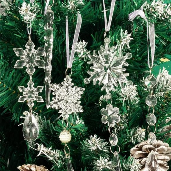 18pcs Christmas Tree Crystal Ornaments - Hanging Acrylic Snowflake Icicle Drop - Picture 1 of 6